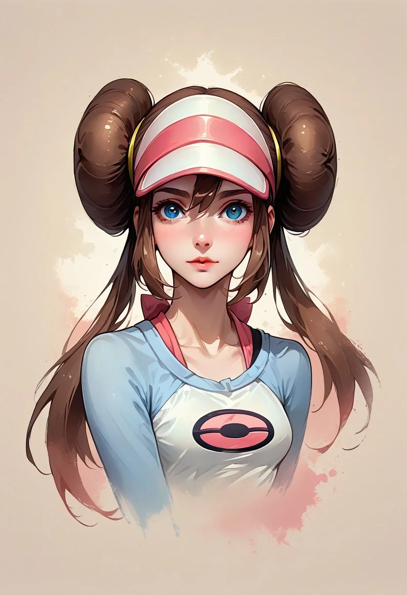 Faded Headshot, faded bottom, faded edges ,score_9,score_8_up,score_7_up,score_6_up,score_5_up,
1girl, Rosa, \(Pokemon\),(ultra HD quality details), brown hair, very long hair, bangs, hair between eyes, twintails, hair bun, double bun, doughnut hair bun, blue eyes, visor cap, wristwatch on one arm,
shirt, raglan sleeves, long sleeves, blue sleeves, pink bow, skirt, pantyhose, black pantyhose, pantyhose under shorts, frilly flared shorts, mustard yellow shorts, shoes,
beautiful, centered, looking at the camera, approaching perfection, dynamic, moonlight, highly detailed, watercolor painting, artstation, concept art, smooth, sharp focus, illustration,
small breasts, deep cleavage, upper body, portrait,