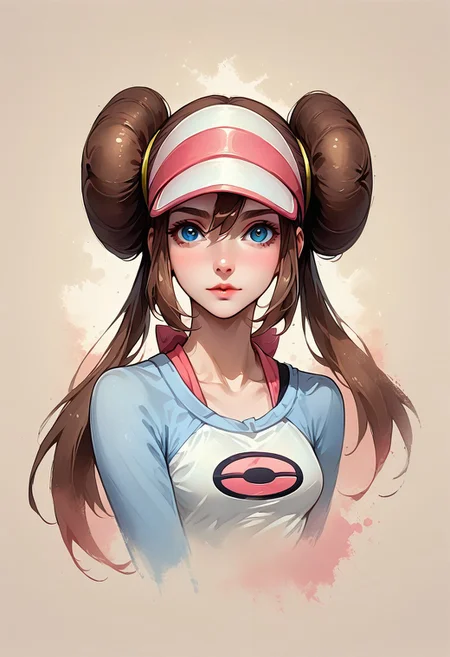 Faded Headshot, faded bottom, faded edges ,score_9,score_8_up,score_7_up,score_6_up,score_5_up,
1girl, Rosa, \(Pokemon\),(ultra HD quality details), brown hair, very long hair, bangs, hair between eyes, twintails, hair bun, double bun, doughnut hair bun, blue eyes, visor cap, wristwatch on one arm,
shirt, raglan sleeves, long sleeves, blue sleeves, pink bow, skirt, pantyhose, black pantyhose, pantyhose under shorts, frilly flared shorts, mustard yellow shorts, shoes,
beautiful, centered, looking at the camera, approaching perfection, dynamic, moonlight, highly detailed, watercolor painting, artstation, concept art, smooth, sharp focus, illustration,
small breasts, deep cleavage, upper body, portrait,