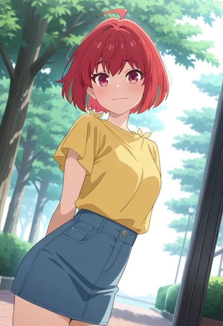 masterpiece,best quality,absurdres,perfect lighting,outdoors,tree,day,
*//*,<lora:HealerGirl_KanaFujii-Illustrious:1>,kana_fujii,1girl,solo,red hair,short hair,colored inner hair,red eyes,ahoge,yellow shirt,short sleeves,denim skirt,
*//*,looking at viewer,cowboy shot,dutch angle,dynamic pose,light smile,