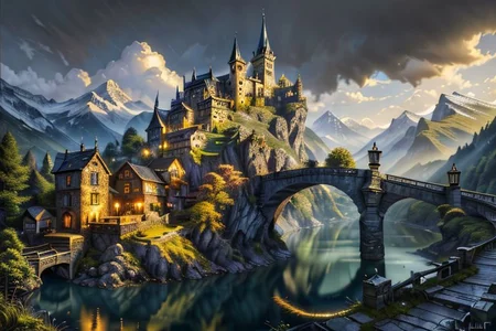 (masterpiece:1.2), (best quality,:1.2), 8k, HDR, ultra detailed, ((photorealistic)), professional light, cinematic lighting, fashion photography, ambient lighting, fantasy, background, a small settlement in the mountains with a waterfall and a bridge, <lora:detail_slider_v4:1>, FanLan, <lora:FantasyLandscape-10:0.7>, epiCPhoto,