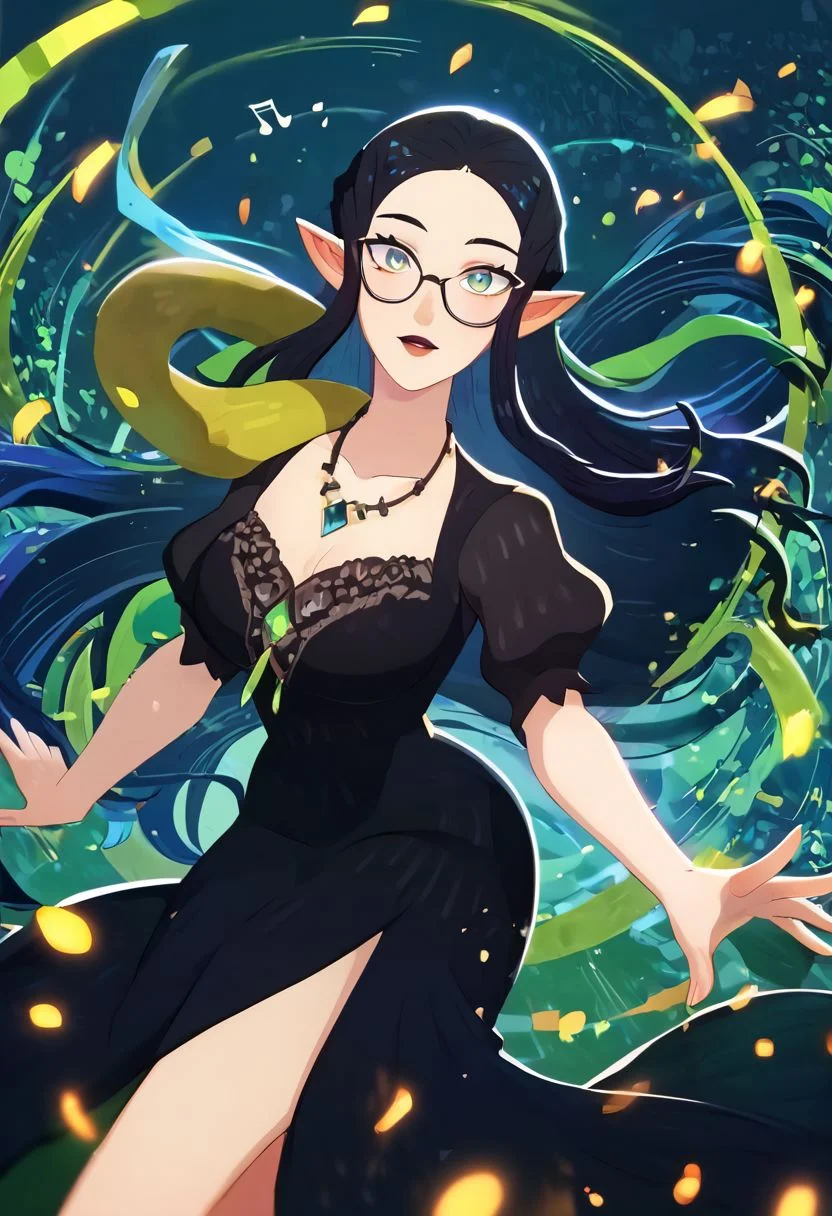 score_9, score_8_up, score_7_up, source_anime, Lilclaw, pointy ears, glasses, black hair, long hair, beautiful black dress, necklace, AFKJourneyXLP, musical note, epic pose, bright pupils, particles around, splash art, looking at viewer, cowboy shot, dynamic pose, wide shot, solo, dutch angle, detailed background, teenager, older,