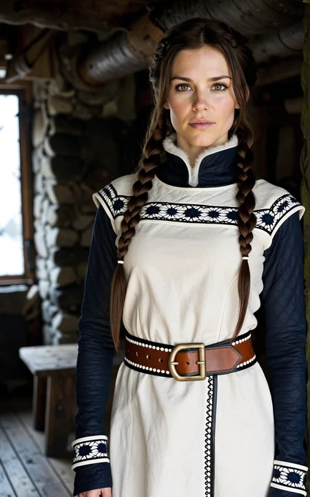 1girl,Britain, Kwenthrith from the TV series Vikings, Amy Bailey, 40yo, dark hair, long hair, brown eyes, angular face, slim, small breasts, A winter ready outfit in tundra white, ashen gray, and deep navy, featuring a quilted wool dress with a high collar and intricate beadwork trim. The dress is layered over a long sleeved linen undershirt, complemented by a braided leather belt and fur lined wrist guards.,