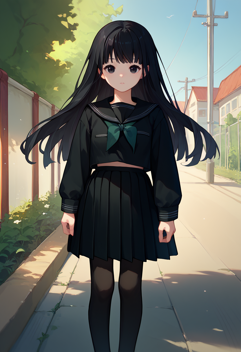 score_9, score_8_up, score_7_up, Rinne, black hair, long hair, black eyes, black serafuku, necktie, long sleeves,  black skirt, black pantyhose, 1girl, solo, outdoors,  <lora:Rinne LORA 3-000008:1>