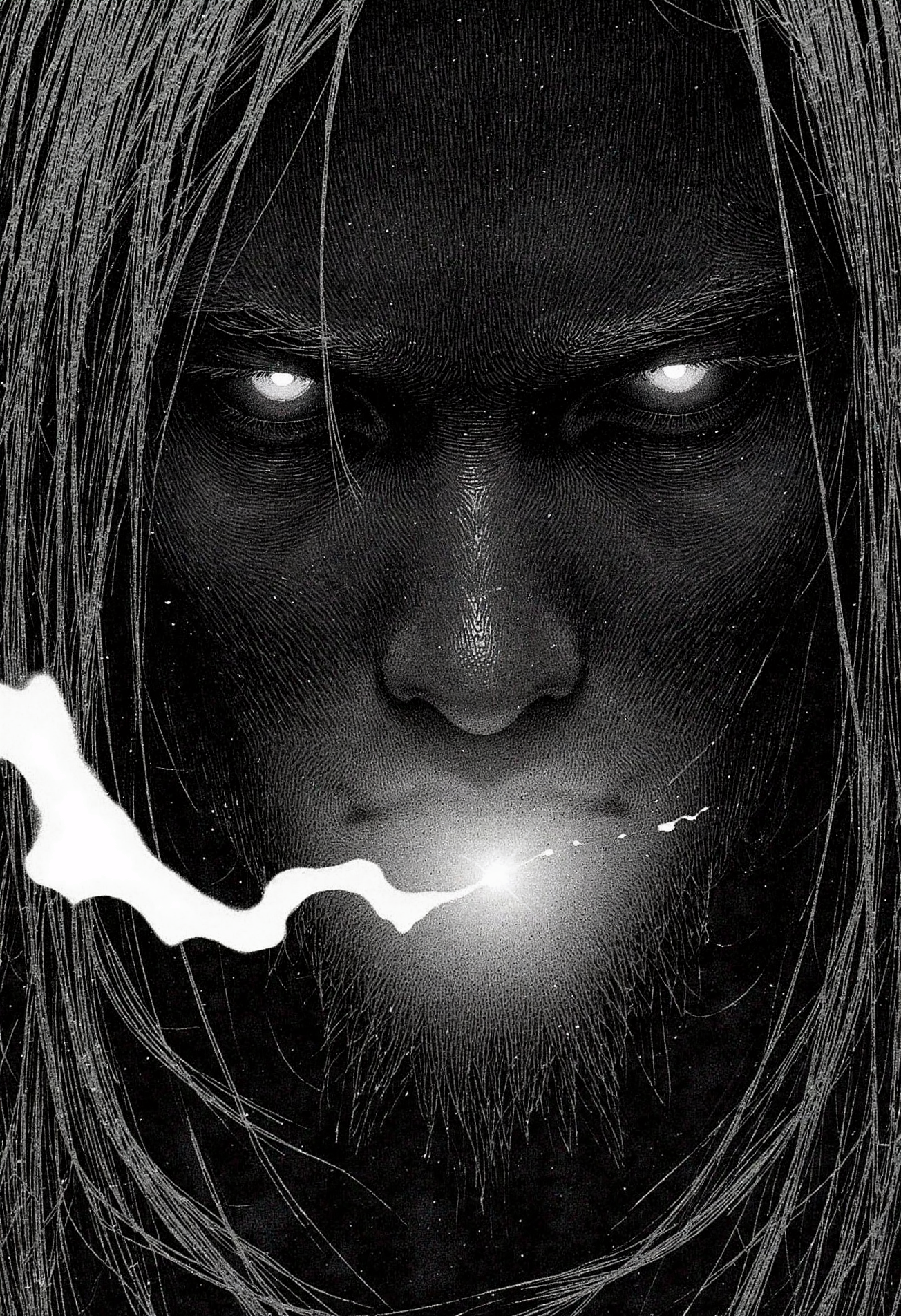 In a captivating, hyper-detailed monochrome manga sketch, the eerie and haunting extreme close-up of a male wizard's face takes center stage. The image is rendered in a macabre style with intricate textures that evoke porous surfaces, rubberized skin, plasma energy, steel structures, and elements reminiscent of the Cantor set and chaos theory. The wizard's eyes gleam with an otherworldly glow, while his features are accentuated by tanzanite highlights and talc-like details. The magical quality of the scene is further emphasized by a shimmering, sparkling energy emanating from the subject's being. This captivating manga sketch utilizes 3D printing techniques to create an intricate, visually arresting image that embodies both the fantastical and the sinister aspects of its subject matter., <lora:test2-000013-nistyle:1.0> Nistyle,<lora:Wiz-Arcana-Spectral_Glow:0.6> spectral glow, chromatic grain, motion blur, diffuse silhouette, light leak effect, prism effect, inverted negative film, ethereal <lora:Victorian Photograph e377b7657231499e9165dad83cdeb312_pytorch_lora_weights:0.5> VCTRN