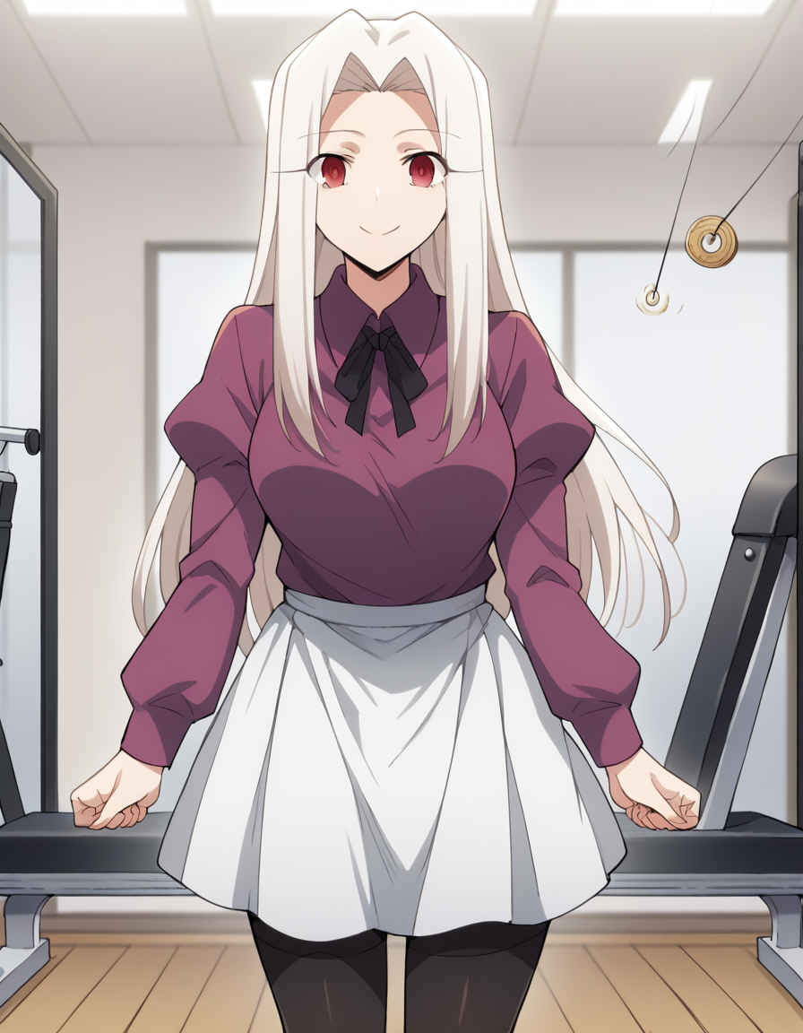 score_9, score_8_up, score_7_up, source_anime, <lora:irisviel-von-einzbern-zero-anime-ponyxl-lora-nochekaiser:1>, irisviel von einzbern, long hair, red eyes, white hair, parted bangs, hair intakes, mature female,, skirt, thighhighs, pantyhose, shirt, long sleeves, purple shirt, collared shirt, ribbon, black ribbon, juliet sleeves, white skirt, pleated skirt,, gym, weights, treadmill, mirrors, exercise, smile, <lora:pendulum-ponyxl-lora-nochekaiser:1>, pendulum, holed coin, coin on string, hypnosis, mind control, coin, @ @,, looking at viewer, solo,, dutch angle, cowboy shot