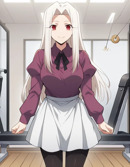 score_9, score_8_up, score_7_up, source_anime, <lora:irisviel-von-einzbern-zero-anime-ponyxl-lora-nochekaiser:1>, irisviel von einzbern, long hair, red eyes, white hair, parted bangs, hair intakes, mature female,, skirt, thighhighs, pantyhose, shirt, long sleeves, purple shirt, collared shirt, ribbon, black ribbon, juliet sleeves, white skirt, pleated skirt,, gym, weights, treadmill, mirrors, exercise, smile, <lora:pendulum-ponyxl-lora-nochekaiser:1>, pendulum, holed coin, coin on string, hypnosis, mind control, coin, @ @,, looking at viewer, solo,, dutch angle, cowboy shot