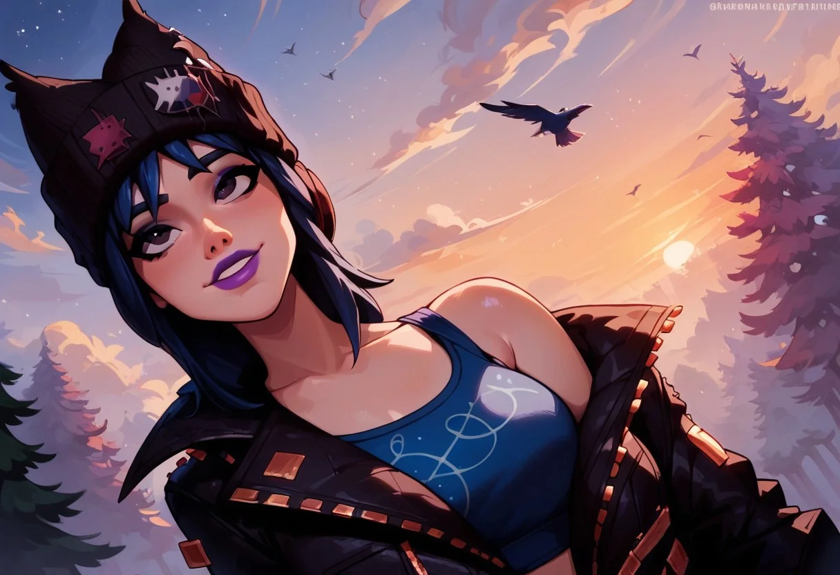 score_9, score_8_up, score_8, bird flying, ssitting at the foot of a tree, forest, magical, relaxing, sunset, starry skies, look up,  sports bra, loose jacket, hope_fortnite, blue hair, beanie, sexy, cute face, kawaii girl, colorful, smiling, posing, posing at an angle, dynamic sexy pose, very cute, adorable, shiny skin, volumetric lighting, aesthetic design, dramatic angle, dramatic framing, cinematic framing,