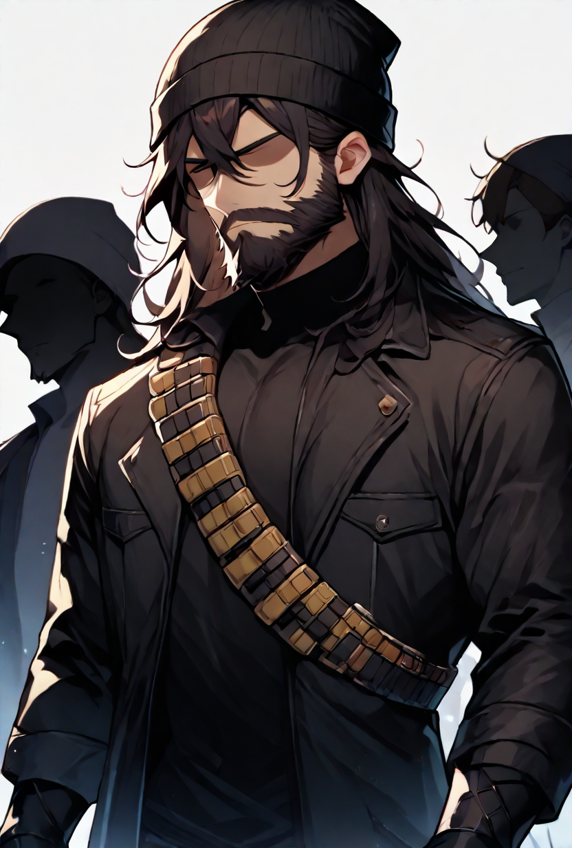 <lora:jeezo-09:1> jeezo, male focus, facial hair, beard, brown hair, long hair, beanie, black fingerless gloves, long  jacket, black headwear, black jacket, long sleeves, , Bandolier <lora:Shadows_illusXLNoobAI_Incrs_v1.2:1> colored skin, black skin, (black hair, silhouette:1.5), no eyes, faceless, no highlights, masterpiece, best quality, amazing quality, very aesthetic, absurdres, newest,