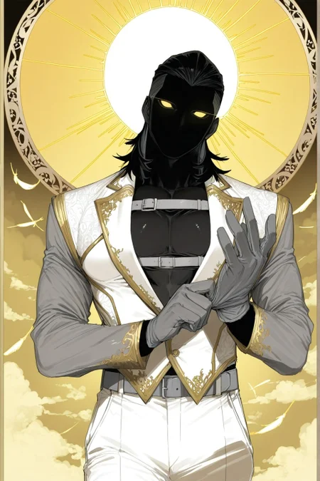 masterpiece, best quality, art nouveau, 1boy, solo, (exposed pectorals:0.9), chest belt, toned, colored skin, black skin, black hair, medium hair, hair slicked back, yellow eyes, glowing eyes, no pupils, mouthless, noseless, white vest, grey sleeves, long sleeves, gold trim, grey gloves, white pants, grey belt, grey gloves, adjusting gloves, head tilt, looking at viewer, walking, yellow theme, cloudy, sun, falling feathers, cowboy shot