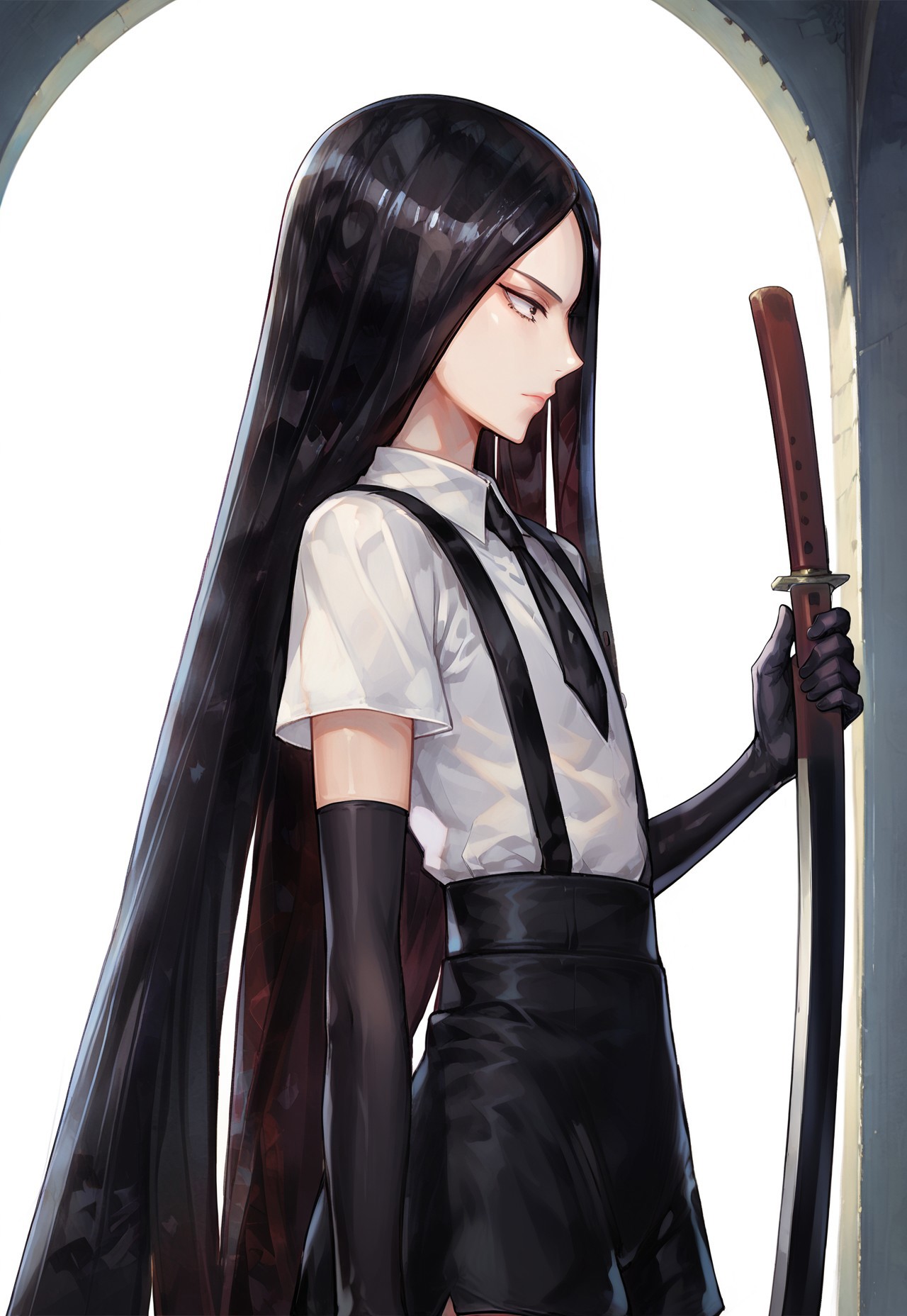 score_9, score_8_up, score_7_up,bordxl11, androgynous, black hair,crystal hair, parted bangs, black eyes, very long hair, gem uniform (houseki no kuni), white shirt, black gloves, black necktie, short sleeves, black shorts with suspenders, black stocking, sword in hand, sword, side view,