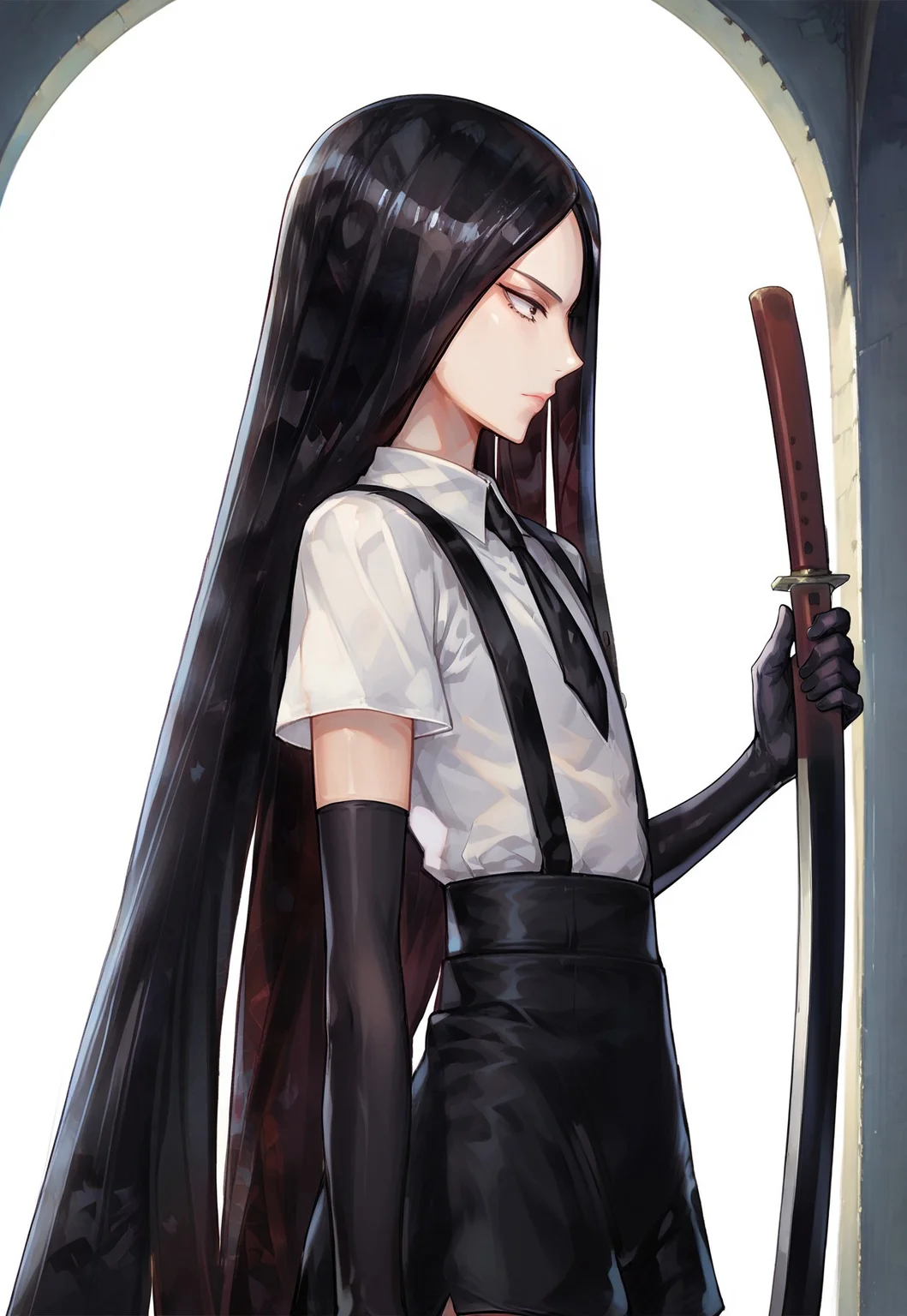 score_9, score_8_up, score_7_up,bordxl11, androgynous, black hair,crystal hair, parted bangs, black eyes, very long hair, gem uniform (houseki no kuni), white shirt, black gloves, black necktie, short sleeves, black shorts with suspenders, black stocking, sword in hand, sword, side view,