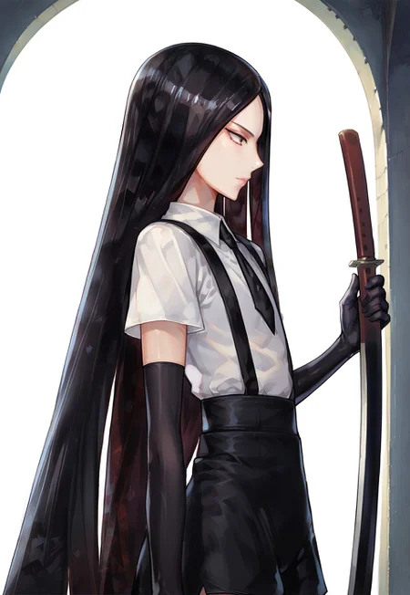 score_9, score_8_up, score_7_up,bordxl11, androgynous, black hair,crystal hair, parted bangs, black eyes, very long hair, gem uniform (houseki no kuni), white shirt, black gloves, black necktie, short sleeves, black shorts with suspenders, black stocking, sword in hand, sword, side view,