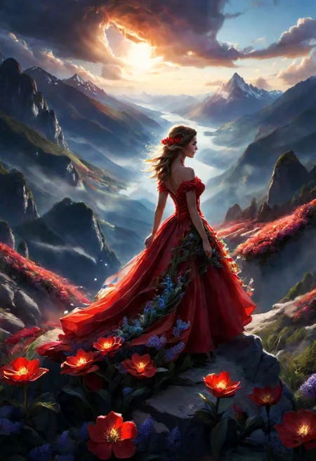 butifl girl, the scarlet flower glows, mountains, magical light,