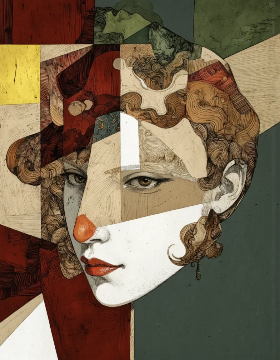 Art by Paco Gimenez. A digital illustration shoot from a profile camera angle about a stylized portrait of a woman with geometric shapes and patterns. the image also shows a woman's face in the middle of the image, with her face divided into two distinct sections. on the left side, a woman appears to be in her early twenties, with short hair, brown eyes, and a neutral expression. she is facing the viewer with her eyes looking directly at the viewer. her hair is styled in a short hair style, and she is wearing minimal makeup. her lips are painted red, and her nose is also painted red. her face is framed by a geometric pattern made up of overlapping triangles in various colors, including red, yellow, green, and beige. the background is a solid dark green color, and the overall effect is a visually striking and abstract portrait.