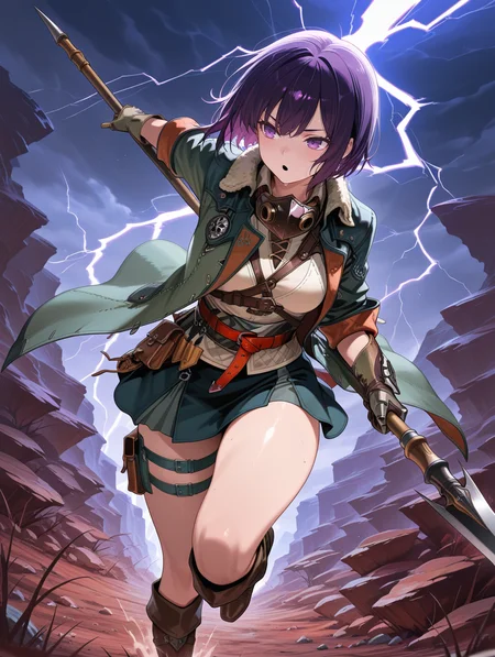 1girl,solo,polearm,holding polearm,nature,fighting stance,wildness,short hair,rock,lightning,black mouth mask,green jacket,white shirt,brown gauntlets,red belt,purple eyes,green skirt,thigh strap,brown knee boots,solo,running,
masterpiece,best quality,amazing quality,very aesthetic,absurdres,newest,<lora:MHWilds hope armor illuXL v1:0.8>,