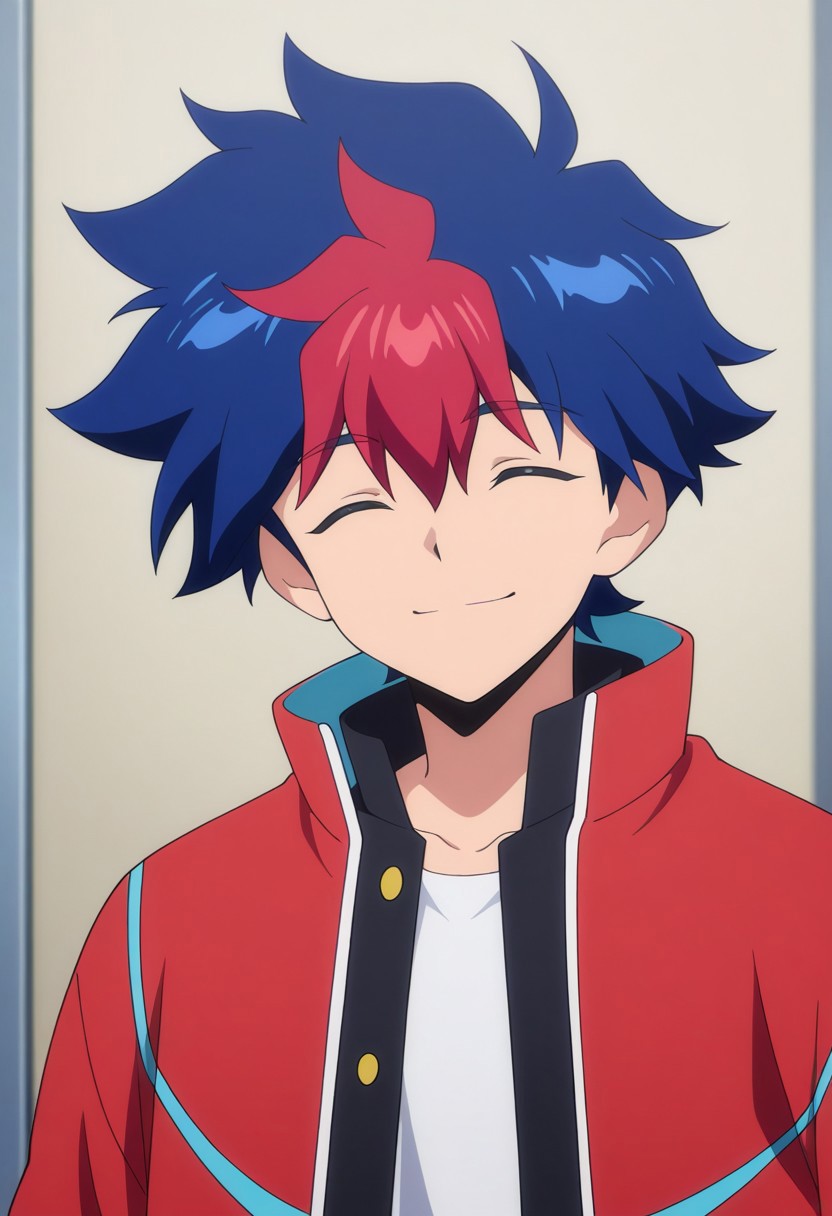 masterpiece,best quality,amazing quality, source_anime,
RaitoTenryu, 1boy, male focus, solo, closed eyes, multicolored hair, blue hair, red hair, gakuran, shirt, white shirt, jacket, red jacket, open jacket, smile, portrait,