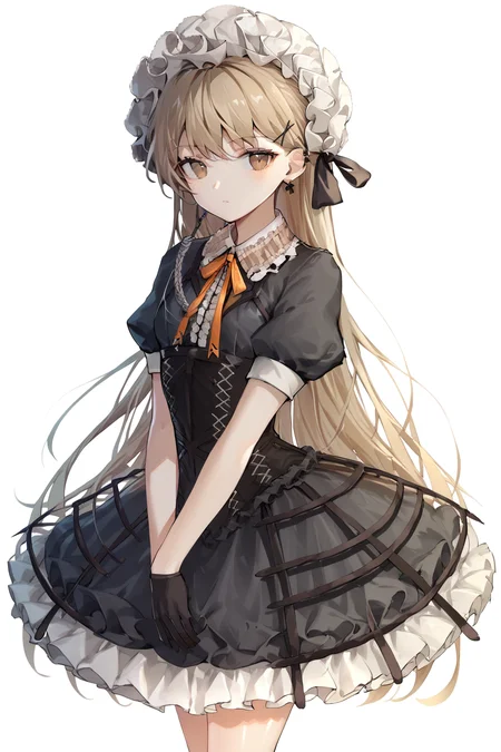 score_9, score_8_up, score_7_up, source_anime, best quality, masterpiece, 1girl, solo, ppk, long hair, very long hair, earrings, frills, brown eyes, short sleeves, puffy short sleeves, puffy sleeves, dress, black gloves, hairband, light brown hair, looking at viewer, full body, white background <lora:PPK:1>