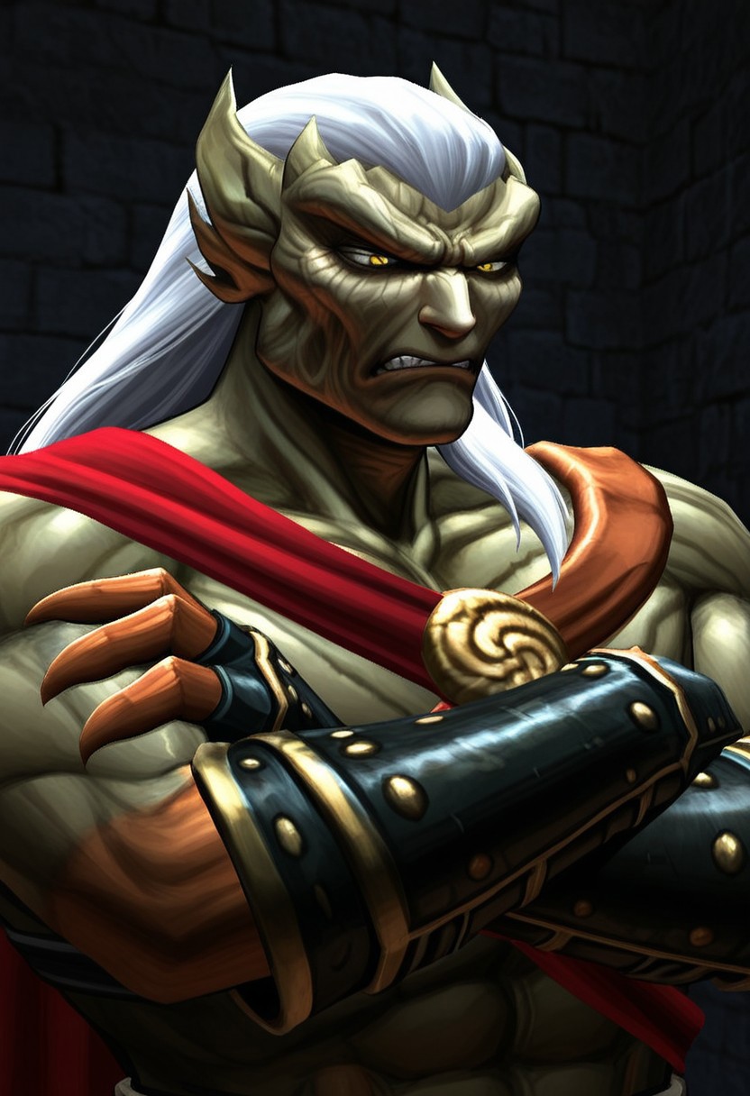 AMAZING QUALITY, MASTERPIECE, 1BOY, PORTRAIT, K41N, WHITE HAIR, YELLOW EYES, GLARING, CAPELET, ARMS CROSSED, GAUNTLET, CLAWS