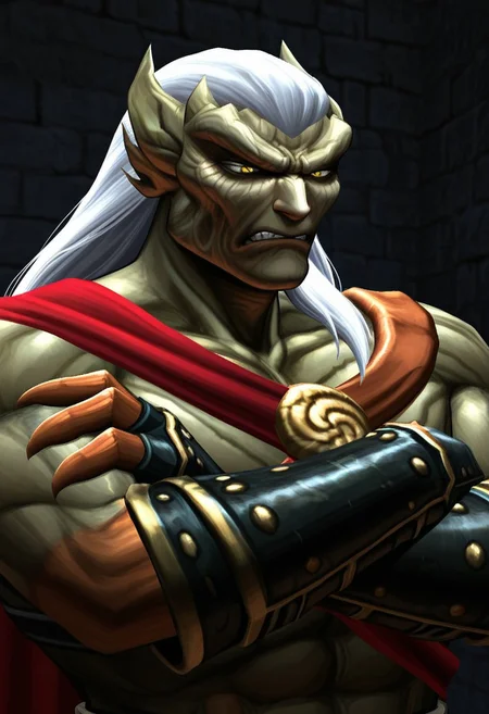 AMAZING QUALITY, MASTERPIECE, 1BOY, PORTRAIT, K41N, WHITE HAIR, YELLOW EYES, GLARING, CAPELET, ARMS CROSSED, GAUNTLET, CLAWS