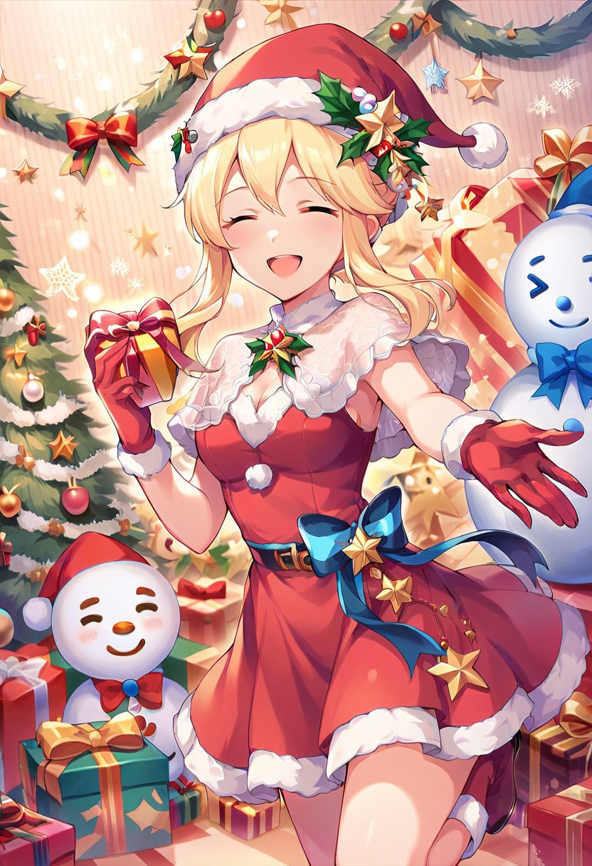 score_9, score_8_up, score_7_up, source_anime,kurarisu, blonde hair, closed eyes, 1girl, snowman, christmas tree, christmas, hat, gift, solo, santa hat, gloves, dress, smile, christmas ornaments, open mouth