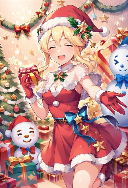 score_9, score_8_up, score_7_up, source_anime,kurarisu, blonde hair, closed eyes, 1girl, snowman, christmas tree, christmas, hat, gift, solo, santa hat, gloves, dress, smile, christmas ornaments, open mouth