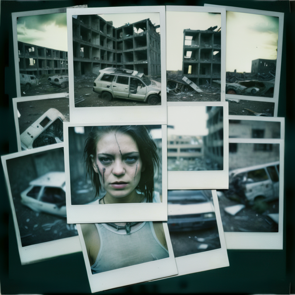 poluzzle polaroid photos cyborg girl in abandoned city with destroyed vehicles in the background, polaroid photos , cinematic, dark atmosphere <lora:poluzzle:1>