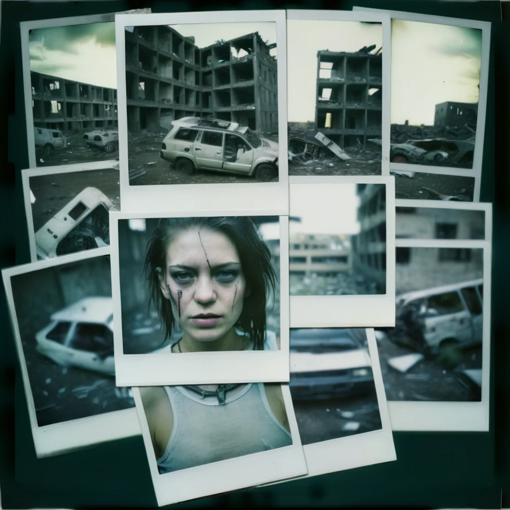 poluzzle polaroid photos cyborg girl in abandoned city with destroyed vehicles in the background, polaroid photos , cinematic, dark atmosphere <lora:poluzzle:1>