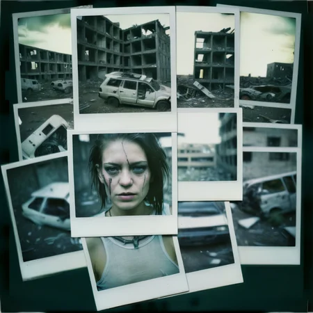 poluzzle polaroid photos cyborg girl in abandoned city with destroyed vehicles in the background, polaroid photos , cinematic, dark atmosphere <lora:poluzzle:1>