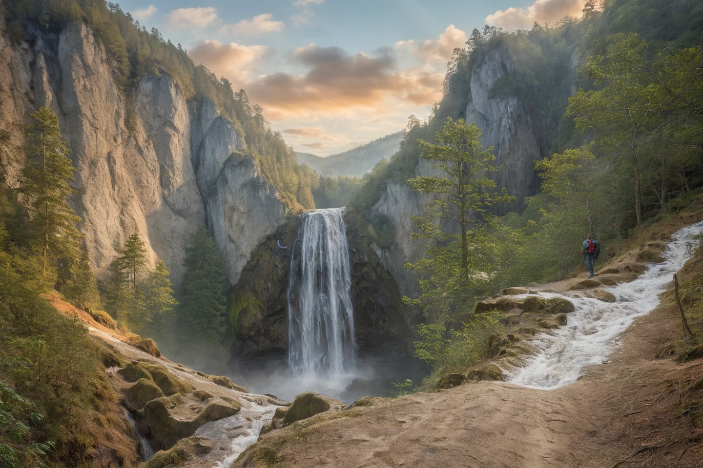 Hyperrealistic art professional photo, scenery, path through cliffs up to hill to rock window, waterfall, forest, (dramatic sky, journal cover shot, natural colors, correct white balance, color correction, dehaze,clarity), . Extremely high-resolution details, photographic, realism pushed to extreme, fine texture, incredibly lifelike <lora:When_autumn_meets_winter_XL:1>