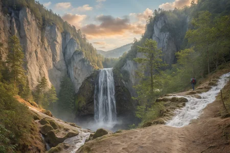 Hyperrealistic art professional photo, scenery, path through cliffs up to hill to rock window, waterfall, forest, (dramatic sky, journal cover shot, natural colors, correct white balance, color correction, dehaze,clarity), . Extremely high-resolution details, photographic, realism pushed to extreme, fine texture, incredibly lifelike <lora:When_autumn_meets_winter_XL:1>