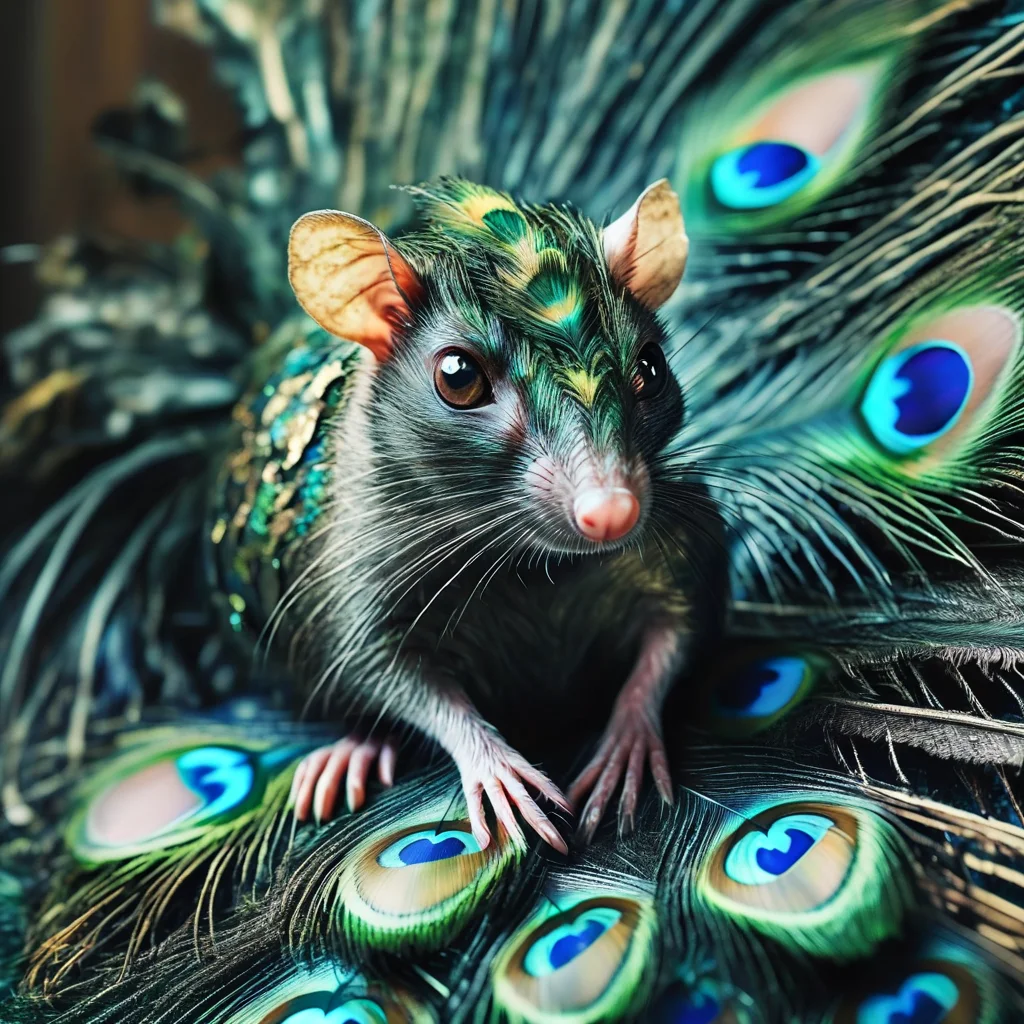 pavolaris rat with peacock feathers, professional photo, expressive, detailed, sharpened, cinematic<lora:pavolaris:1>