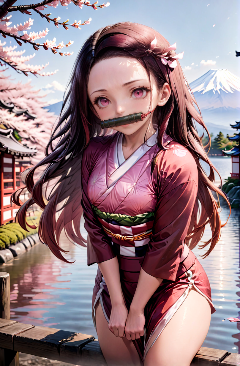 Hyperrealistic art of highres,sidelight,
1girl,<lora:Nezuko_XL_0_-000005:1>,kamado nezuko,(gaged:1.1),(bit gag:1.1),mount fuji,lake,cherry_blossoms,blurry background,upper_body,Gestures,<lora:ClearHand-V2>,, Extremely high-resolution details, photographic, realism pushed to extreme, fine texture, incredibly lifelike