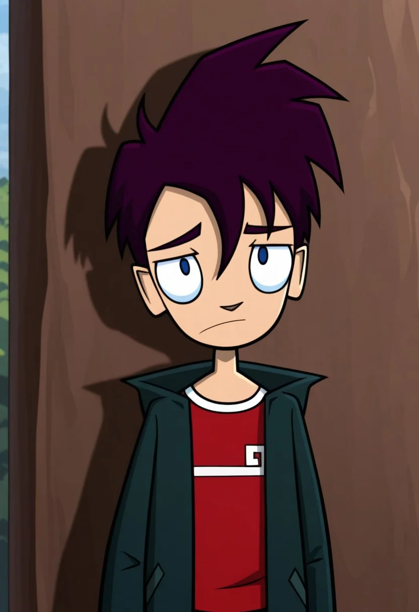 masterpiece,best quality,amazing quality,
RandyCunningham, 1boy, male focus, solo, blue eyes, purple hair, shirt, red shirt, jacket, green jacket, open jacket, outdoor,