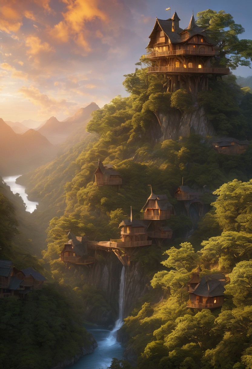 valley, fairytale treehouse village covered, , matte painting, highly detailed, dynamic lighting, cinematic, realism, realistic, photo real, sunset, detailed, high contrast, denoised, centered, michael whelan