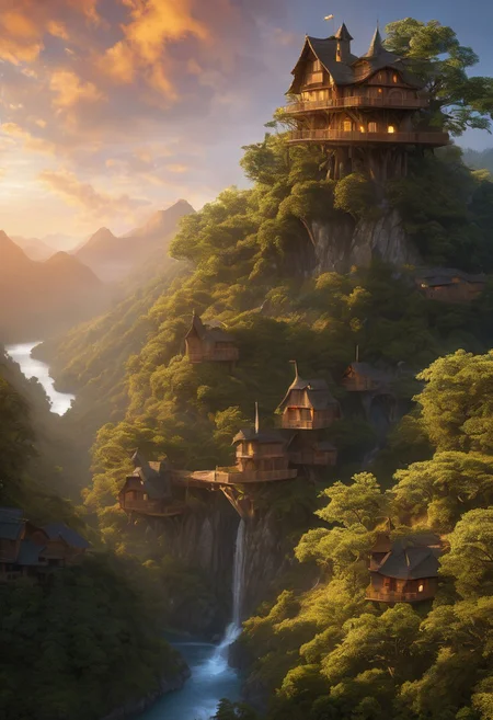 valley, fairytale treehouse village covered, , matte painting, highly detailed, dynamic lighting, cinematic, realism, realistic, photo real, sunset, detailed, high contrast, denoised, centered, michael whelan
