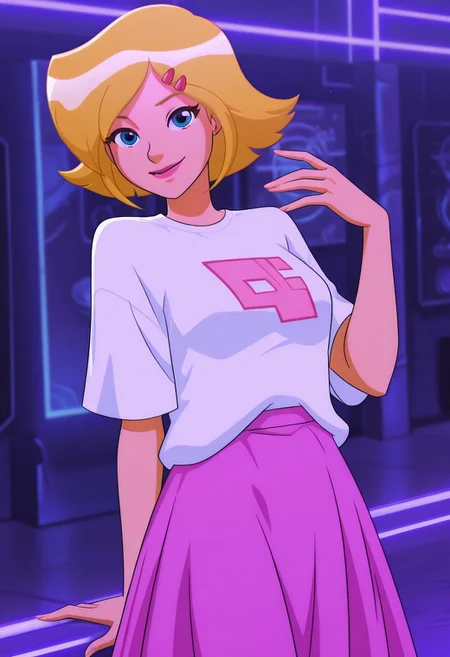 masterpiece, best quality, good quality, 1girl, solo, cartoon, totally_spies_2k24, cl0ver, blonde hair, blue eyes, white t-shirt, pix3l print, pink skirt, hairclip, sexy, large breasts, beautiful, detailed, high detailed, very beautiful, detailed face, detailed eyes, detailed hand, fingernails, abstract background, neon, smile, posing, pose, looking at viewer