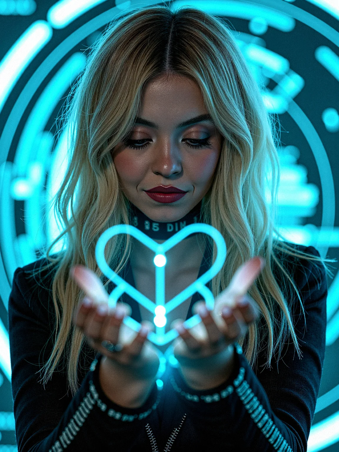 Photorealistic of a potrait shot scene where a young and gorgeous beauty as a Holographic Interface Designer with long platinum-blonde hair in the center of a futuristic, holographic interface. The vibrant cyan data rings and geometric shapes from the background are surrounding her, some even seemingly projected from her hands as if she’s controlling the interface. Her partially unzipped circuit print stylish futuristic engineer uniform and choker contrast with the high-tech environment, creating a visual blend of the modern and the digital. Her eyes are focused on a specific holographic display in front of her, as if she is analyzing data or searching for information.
subtle, dynamic holographic patterns that shift colors along the stripes of her outfit, integrating her more into the digital environment.faintly glowing lines within her outfit’s fabric, creating a futuristic look that suggests advanced material technology. Her heart pendant have a small, glowing core, pulsing with light in sync with the holographic background. Very realistic overall texture composition.
Hairstyle is Messy Bedhead Waves, Deliberately messy waves created by scrunching the hair with mousse or sea salt spray for an undone, edgy look.
varying levels of transparency to different holographic elements, creating a layered and dynamic interface. a slight reflective glare on her lips to match the ambient light, enhancing their natural appearance.minor, flickering glitches or pixelations on some holographic elements, adding realism and a sense of dynamic interaction.
Close-up with her eyes half-lidded and a slight, mysterious smile on her lips.