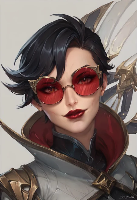 score_9, score_8_up, beautiful face, masterpiece, high detail, (1 girl:2), (detailed face:1.8), (face focus:1.5), red lipstick, (zoom in:1.4), (light skinned female:1.6), (pale female:1.2), SentinelVayne, black hair, short hair, smirk, simple background, circle_tinted_glasses, circle framed glasses, red sunglasses, upper body <lora:Sentinel_Vayne_PonyXL:0.8>