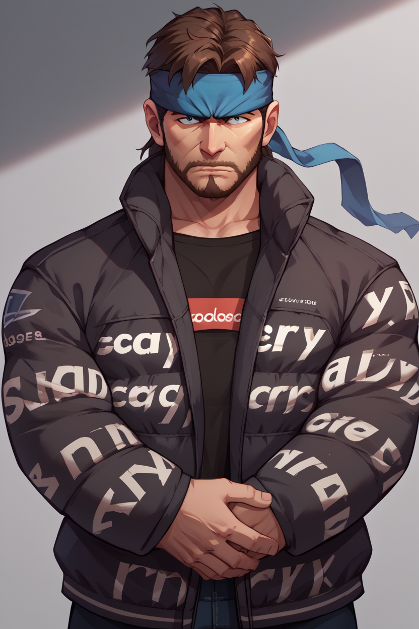 score_9, score_8_up, score_7_up, score_6_up, source_anime, BREAK 1boy, solo <lora:solidsnake-pdxl-nvwls-v1:0.8> solidsnake,  headband, brown hair, beard, facial hair, furrowed brow, mature male, manly  <lora:attire_dripjacket_ponyXL:1> dripjacket, own hands together, black jacket, staring