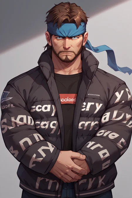 score_9, score_8_up, score_7_up, score_6_up, source_anime, BREAK 1boy, solo <lora:solidsnake-pdxl-nvwls-v1:0.8> solidsnake, headband, brown hair, beard, facial hair, furrowed brow, mature male, manly <lora:attire_dripjacket_ponyXL:1> dripjacket, own hands together, black jacket, staring