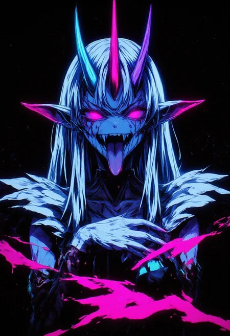 High quality, ultra-detailed, colorful, abstract fantasy artwork in an anime style, featuring a fantastical, otherworldly female creature. She has pale blue skin and long, flowing white hair that cascades sensuously over her shoulders, glowing faintly with an ethereal radiance. Her striking, glowing pink eyes exude a mix of allure and menace, while her mouth, open wide to reveal sharp, pointed teeth and a long, dripping pink tongue, adds an element of dark seduction.
Large, pointed ears frame her face, alongside prominent curved horns in shades of blue and pink, adorned with intricate, glowing patterns that shimmer in hues of blue, purple, and pink. The surreal patterns enhance her otherworldly beauty, while her black choker and shiny, sleeveless metallic top evoke a subtle boudoir aesthetic, blending sensuality with dark fantasy.
The background is a solid black, sharply contrasting with her vibrant palette and glowing features. Layers of glitch art, fragmented texts, and metallic textures merge into the backdrop, accented by smudged paint and scratches that suggest decay and technological interference. Monochromatic tones of black, grey, and hints of green amplify the moody ambiance. The composition dynamically blends abstract digital elements with the character’s flowing hair and glowing effects, creating a surreal, haunting beauty that captivates and unsettles.