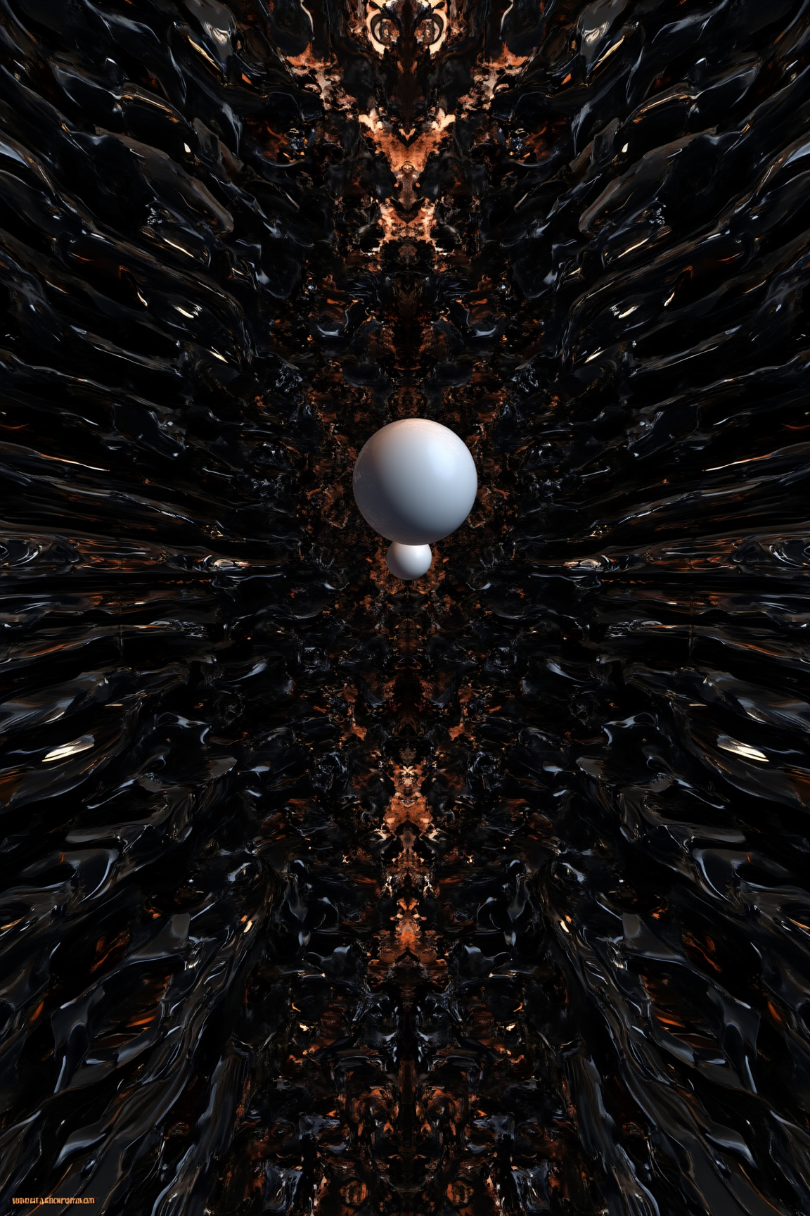 A 3D Rendered abstract of, sharp photo of an abstract digital art piece that appears to be made up of multiple rows of small, irregularly shaped objects. The objects are arranged in a chaotic and chaotic manner, creating a sense of depth and dimension. In the center of the image, there is a large, white sphere that is the focal point of the composition. The sphere is the only object in the image that stands out against the dark background. Surrounding the sphere, there are multiple smaller objects that are also arranged in an irregular pattern, creating an intricate and detailed design. The overall effect is one of chaos and mystery.