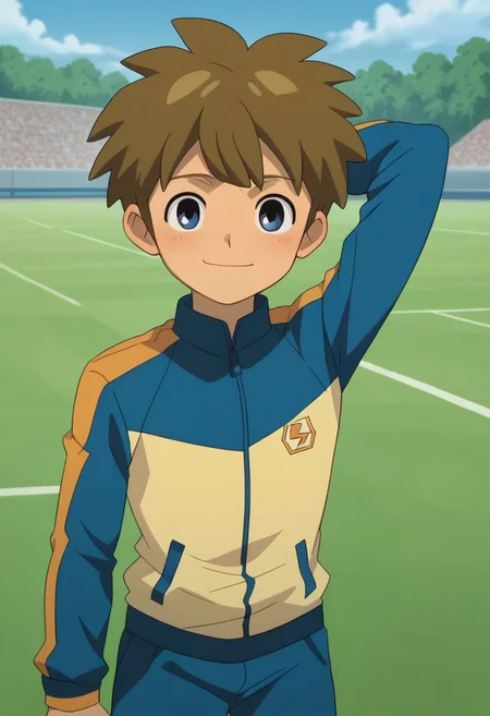 score_9, score_8_up, score_7_up, source_anime, highly detailed, slender, skinny, cute,
darren, male focus, 1boy, solo, brown hair, jacket, raimon, tracksuit, one hand behind head, embarassed, blush, smile,
outdoor, soccer field,