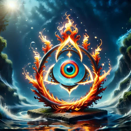 Harmonious fusion of elements, earth air fire earth and ether combined in a pentagonal shape in seamless integration, earth grounding and stable, water flowing and fluid, air swirling and free, fire vibrant and warm, united in perfect balance, elements intertwining gracefully, serene and dynamic, vibrant flames, coexistence of contrasts, nature's optimal quality, synergy of forces, essence of unity, balanced natural forces, peaceful coexistence, elemental harmony, timeless and eternal, highly detailed, masterpiece, 32k, UHD quality, pentangle, all of this inside the big cyclopic eye
