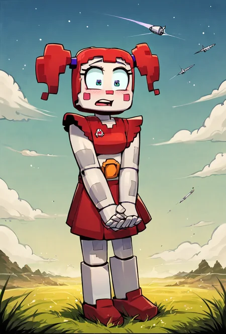 score_9, score_8_up, score_7_up, best quality, good quality ,, character focus, solo, , best quality, <lora:circbab-07:1> circbab, solo, robot, red hair, twintails, 1girl, open eyes, detailed background,, flat grass land, flat grass, holding hands together, looking at sky, space, battlefield, holding gun, shooting star, <lora:IncaseLycoXL:1>