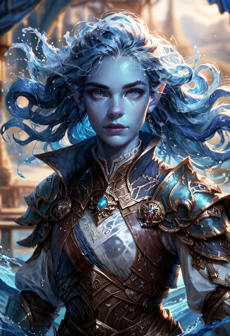 (((detailed, beautiful, high quality))), upper Body, score_9, score_8_up, score_7_up,
watergenasi, pointed ears, floating hair, liquid hair, wet clothes, wet body,
1 girl, blue skin, blue hair, armor,
looking at the viewer, posing, blurred background, blurred fantasy background,