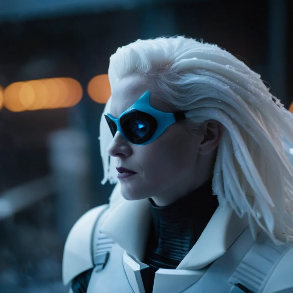 cinematic film still of  <lora:Mr. Freeze:1.2>
Mr. Freeze a frozen ice cold woman with a messy hair and a white shirt In Gotham City, shallow depth of field, vignette, highly detailed, high budget, bokeh, cinemascope, moody, epic, gorgeous, film grain, grainy