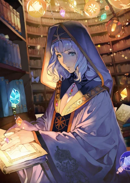 by oda non
by rella, by yogisya
1girl cleavage, robe
explores a dimly lit attic filled with old books, casting eerie shadows on the walls. close up
magic library
colorful
gradient
glowing particles
warm lights,