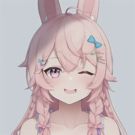 the photo of a 1girl, ahoge, animal_ears, bare_shoulders, blue_bow, bow, braid, collarbone, hair_bow, hair_ornament, hairclip, long_hair, one_eye_closed, open_mouth, pink_eyes, pink_hair, rabbit_ears, simple_background, smile, solo, twin_braids, upper_body, virtual_youtuber, white_background, pipkin pippa