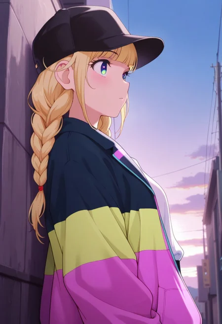 masterpiece,best quality,amazing quality, tsukimi eiko, long hair, blonde hair, blue eyes, 1girl, hat, solo, jacket, multicolored jacket, baseball cap, braid, shirt, sky, white shirt, twin braids, black headwear, outdoors, multicolored clothes